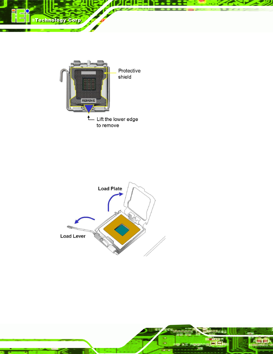 Figure 4-2: remove protective cover, Figure 4-3: cpu socket load plate | IEI Integration IMB-Q670 v1.03 User Manual | Page 64 / 180