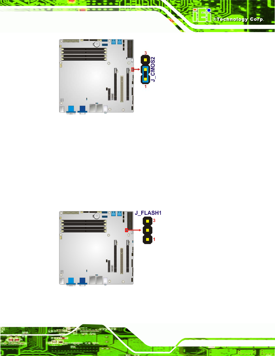 3 me debug connector, Figure 4-9: clear bios jumper location, Figure 4-10: me debug connector location | IEI Integration IMB-Q670 v1.03 User Manual | Page 71 / 180