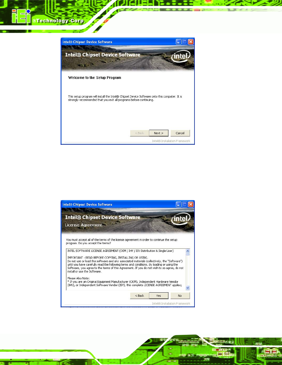 Figure 6-4: chipset driver welcome screen, Figure 6-5: chipset driver license agreement, Figure | IEI Integration IMB-Q670 v2.01 User Manual | Page 134 / 179