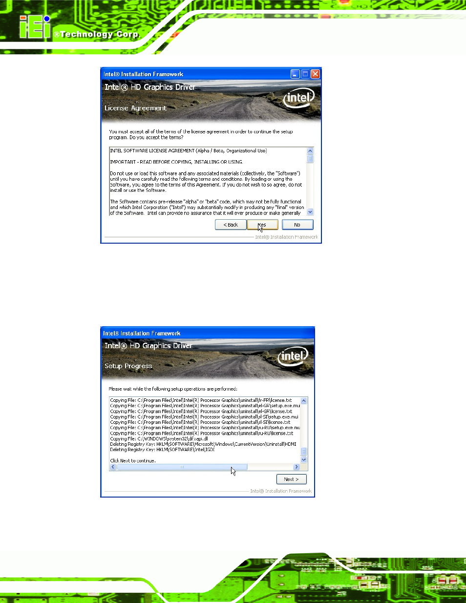 Figure 6-10: graphics driver license agreement, Figure 6-11: graphics driver setup operations | IEI Integration IMB-Q670 v2.01 User Manual | Page 138 / 179