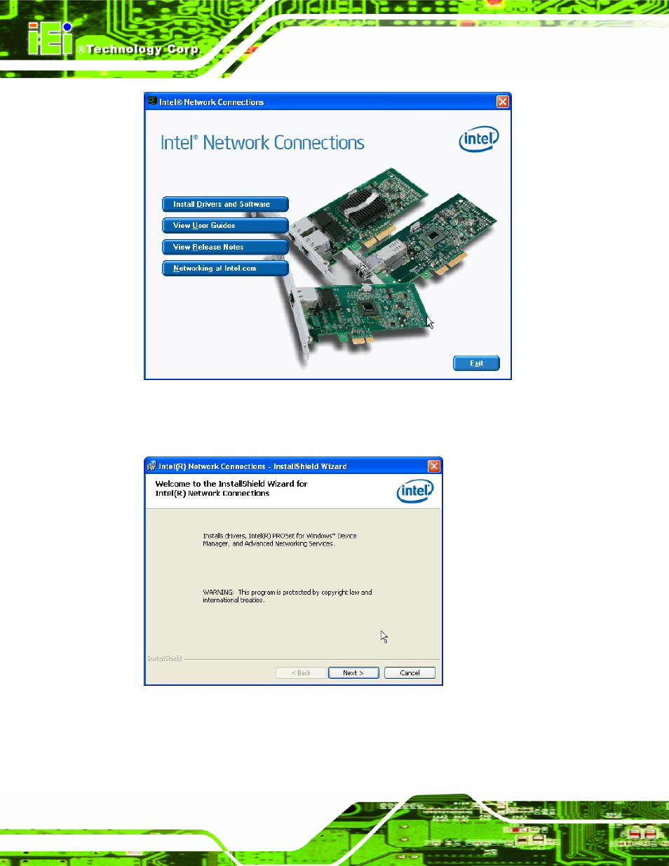 Figure 6-13: intel® network connection menu, Figure 6-14: lan driver welcome screen | IEI Integration IMB-Q670 v2.01 User Manual | Page 140 / 179