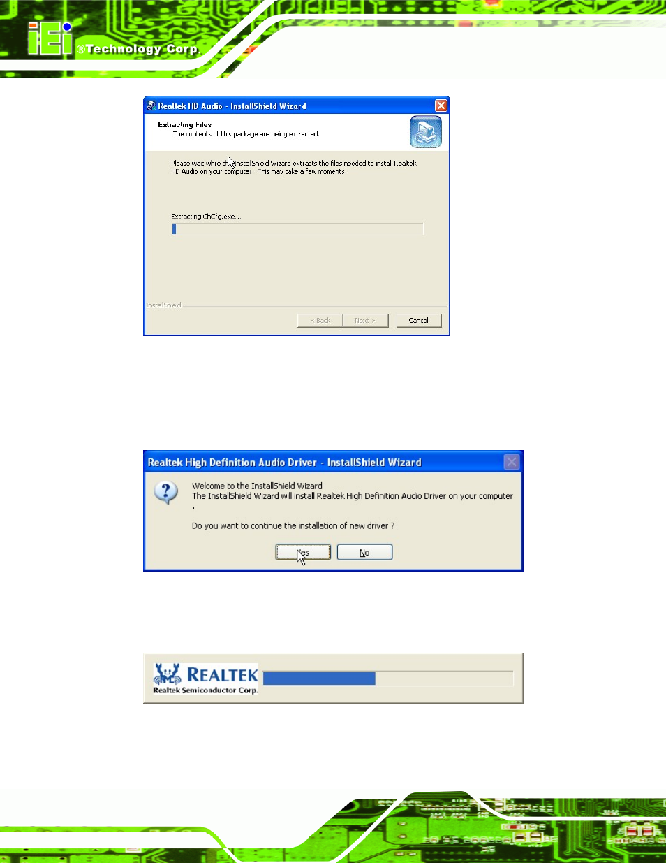 Figure 6-19: audio driver – extracting files, Figure 6-20: audio driver welcome screen, Figure 6-21: audio driver installation | IEI Integration IMB-Q670 v2.01 User Manual | Page 144 / 179