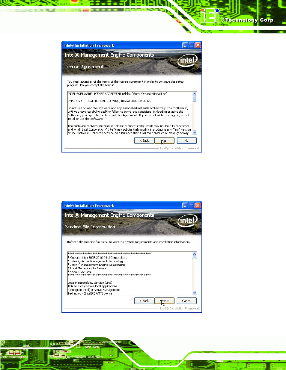 Figure 6-29: intel® me driver license agreement, Figure 6-30: intel® me driver read me file | IEI Integration IMB-Q670 v2.01 User Manual | Page 151 / 179
