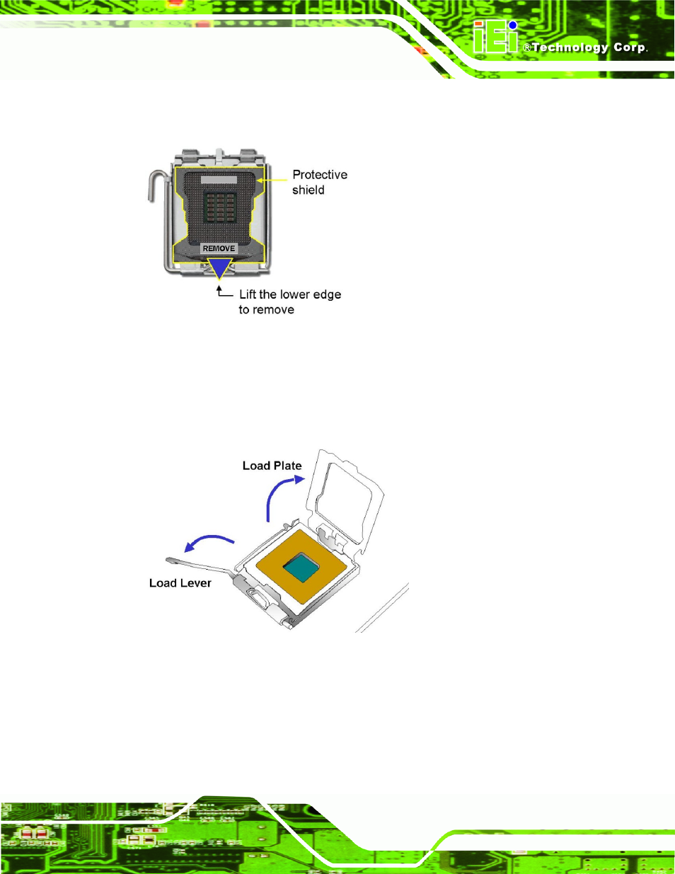 Figure 4-2: remove protective cover, Figure 4-3: cpu socket load plate | IEI Integration IMB-Q670 v2.01 User Manual | Page 65 / 179