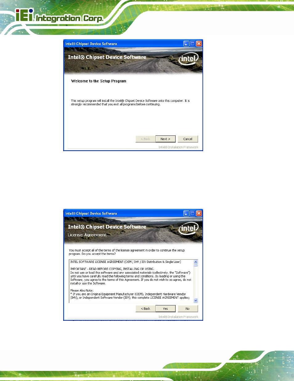 Figure 6-4: chipset driver welcome screen, Figure 6-5: chipset driver license agreement, Figure | IEI Integration IMB-Q670 v3.01 User Manual | Page 136 / 184