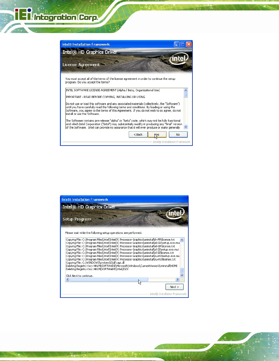 Figure 6-10: graphics driver license agreement, Figure 6-11: graphics driver setup operations | IEI Integration IMB-Q670 v3.01 User Manual | Page 140 / 184