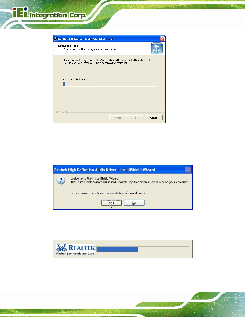 Figure 6-19: audio driver – extracting files, Figure 6-20: audio driver welcome screen, Figure 6-21: audio driver installation | IEI Integration IMB-Q670 v3.01 User Manual | Page 146 / 184