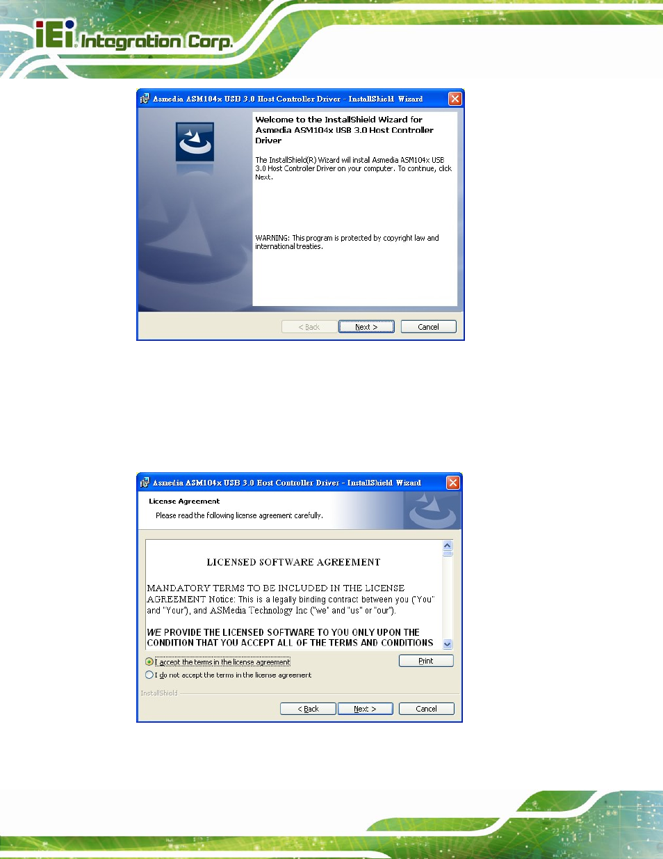 Figure 6-23: usb 3.0 driver welcome screen, Figure 6-24: usb 3.0 driver license agreement | IEI Integration IMB-Q670 v3.01 User Manual | Page 148 / 184