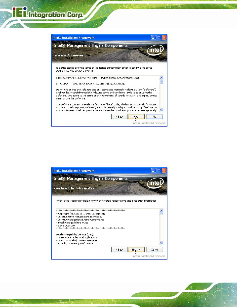 Figure 6-28: intel® me driver license agreement, Figure 6-29: intel® me driver read me file | IEI Integration IMB-Q670 v3.01 User Manual | Page 152 / 184