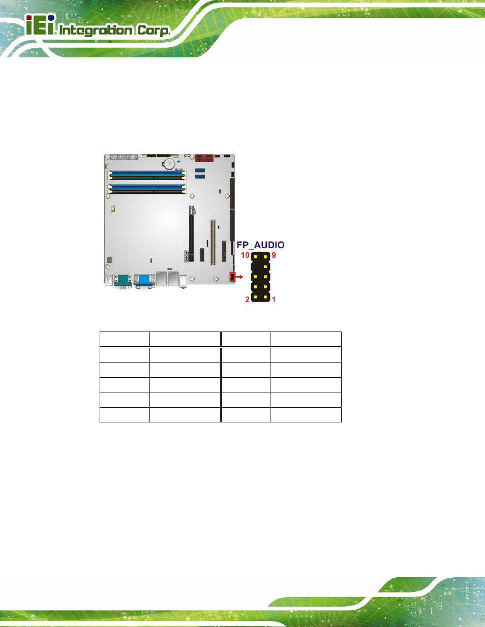 7 front panel connector, Figure 3-7: front panel audio connector location, Table 3-8: front panel audio connector pinouts | IEI Integration IMB-Q670 v3.01 User Manual | Page 38 / 184