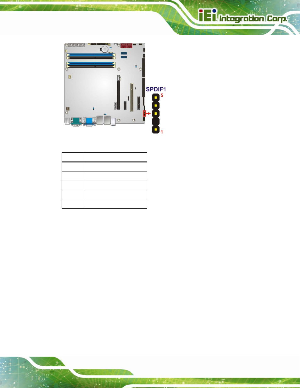 19 spi connector, Figure 3-19: spdif connector location, Table 3-20: spdif connector pinouts | IEI Integration IMB-Q670 v3.01 User Manual | Page 51 / 184