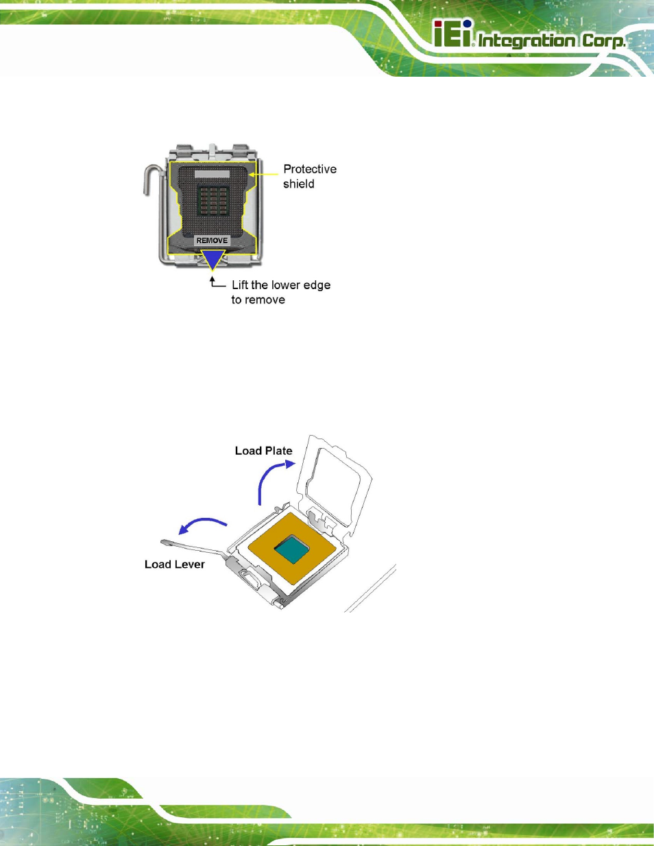 Figure 4-2: remove protective cover, Figure 4-3: cpu socket load plate | IEI Integration IMB-Q670 v3.01 User Manual | Page 67 / 184