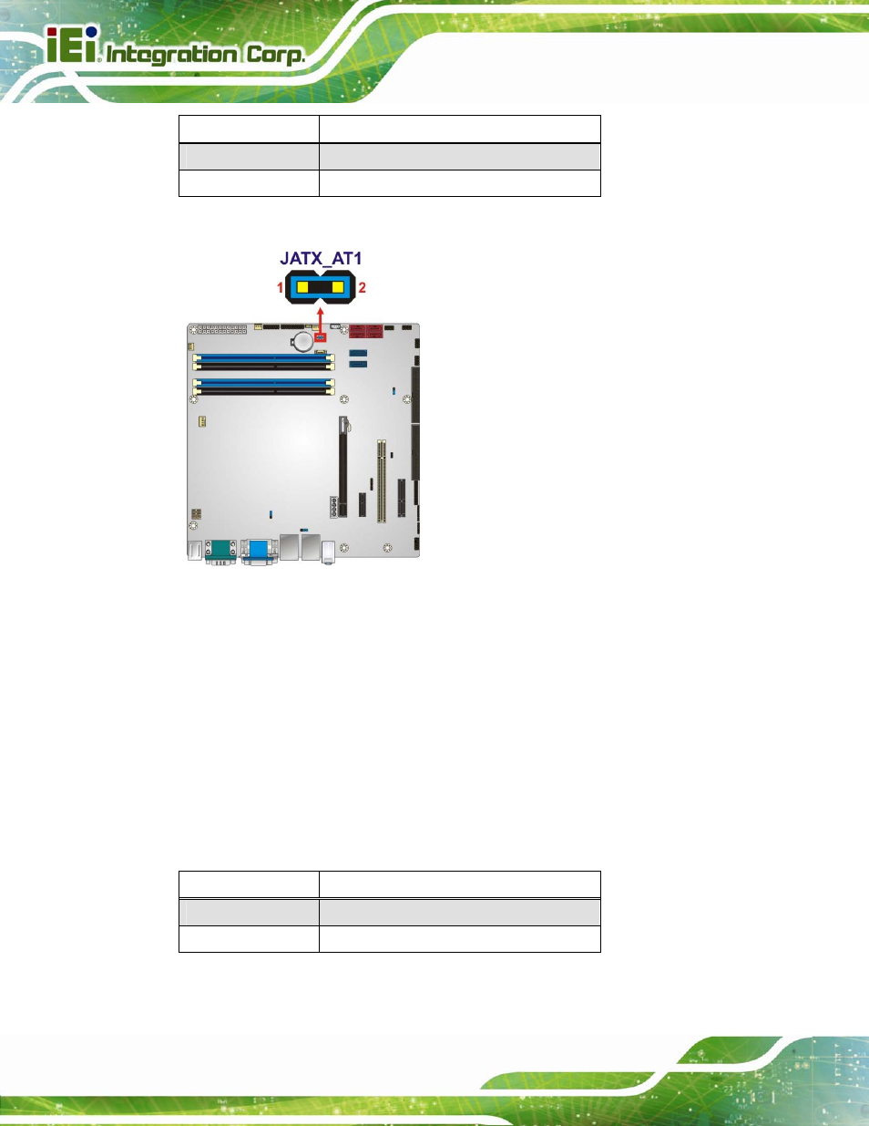 2 clear cmos jumper, Figure 4-6: at/atx power mode jumper location, Table 4-2: at/atx power mode jumper settings | Table 4-3: clear bios jumper settings | IEI Integration IMB-Q670 v3.01 User Manual | Page 72 / 184