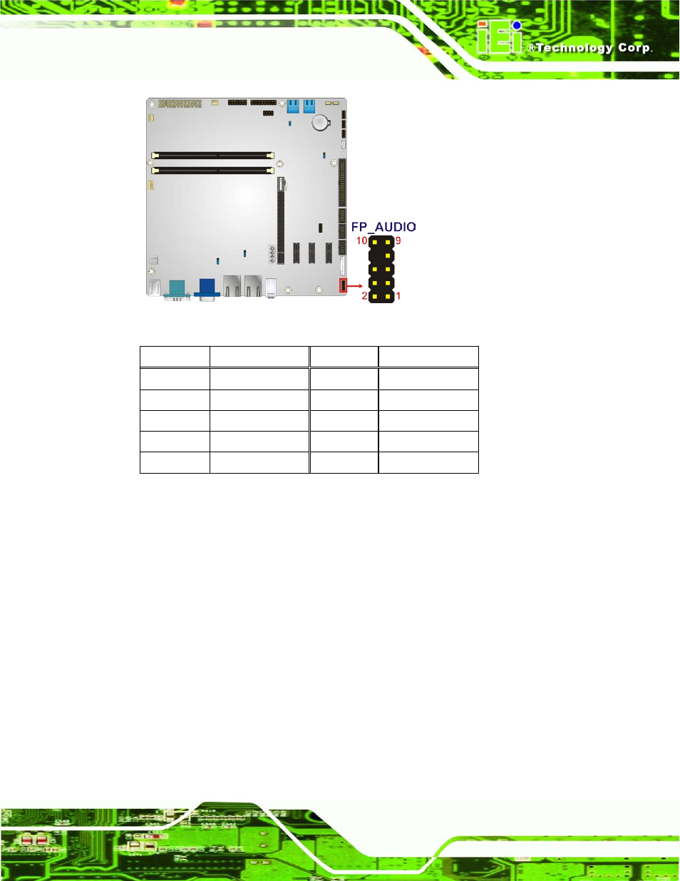 9 front panel connector, Figure 3-9: front panel audio connector location, Table 3-8: front panel audio connector pinouts | IEI Integration IMB-H610A User Manual | Page 40 / 192