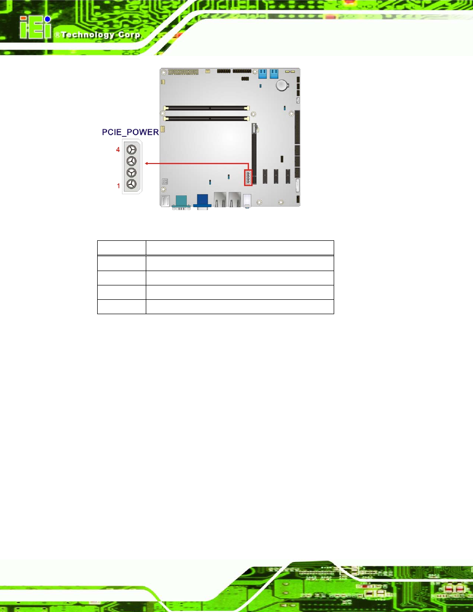 12 pcie x16 slot, Figure 3-12: pcie power location, Table 3-11: pcie power pinouts | 12 p cie x16 s lo t | IEI Integration IMB-H610A User Manual | Page 43 / 192