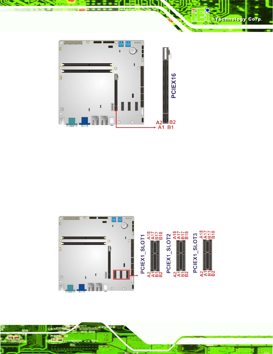 13 pcie x1 slots, Figure 3-13: pcie x16 slot location, Figure 3-14: pcie x1 slot locations | IEI Integration IMB-H610A User Manual | Page 44 / 192
