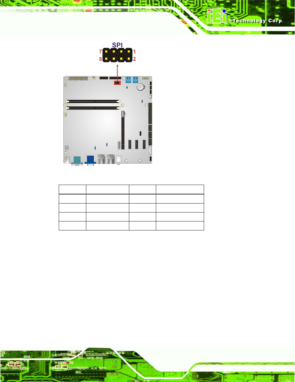 19 system fan connector, Figure 3-19: spi connector location, Table 3-17: spi connector pinouts | IEI Integration IMB-H610A User Manual | Page 50 / 192