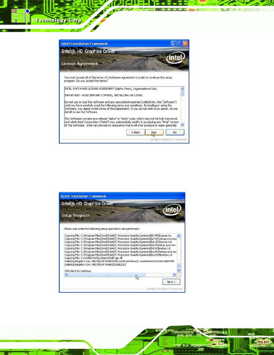 Figure 6-10: graphics driver license agreement, Figure 6-11: graphics driver setup operations | IEI Integration IMB-H612A User Manual | Page 133 / 199