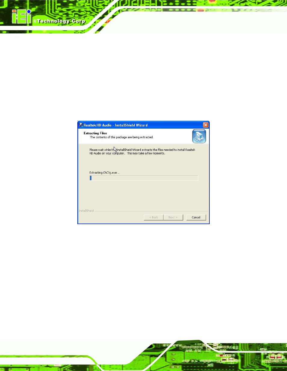 6 audio driver installation, Udio, River | Nstallation, Figure 6-17: audio driver – extracting files, 6 au d io drive r in s ta lla tio n | IEI Integration IMB-H612A User Manual | Page 137 / 199