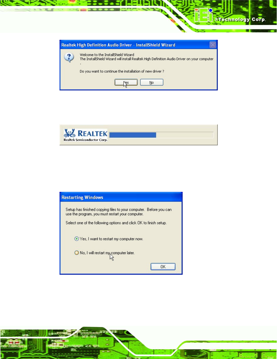 Figure 6-18: audio driver welcome screen, Figure 6-19: audio driver installation, Figure 6-20: audio driver installation complete | IEI Integration IMB-H612A User Manual | Page 138 / 199