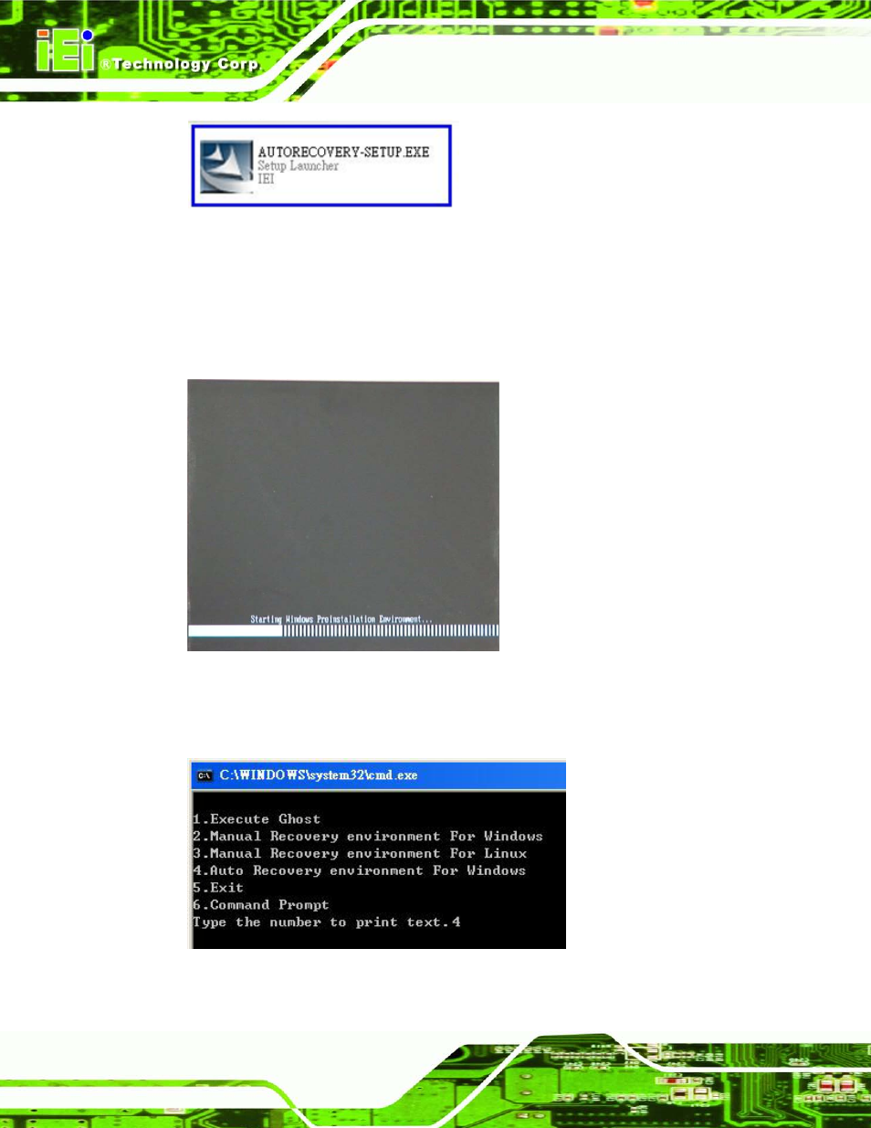 Figure b-22: auto recovery utility, Figure b-23: launching the recovery tool, Figure b-24: auto recovery environment for windows | IEI Integration IMB-H612A User Manual | Page 161 / 199