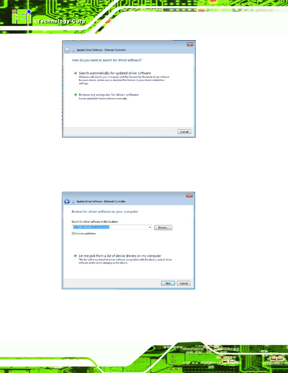 Figure 6-15: update driver software window, Figure 6-16: locate driver files | IEI Integration IMB-Q770 User Manual | Page 144 / 212