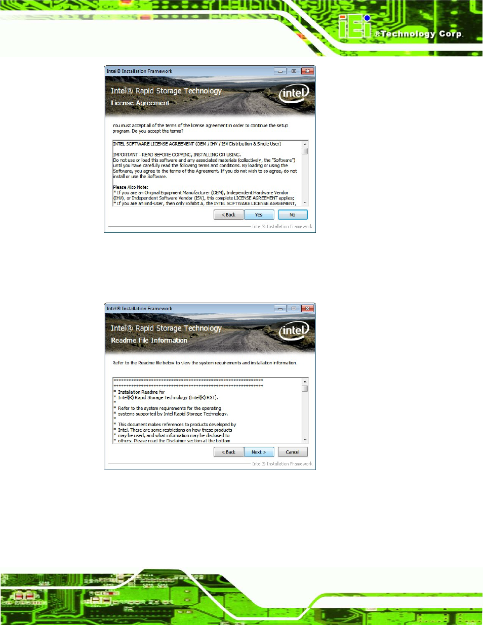 Figure 6-23: sata raid driver license agreement, Figure 6-24: sata raid driver read me file | IEI Integration IMB-Q770 User Manual | Page 149 / 212