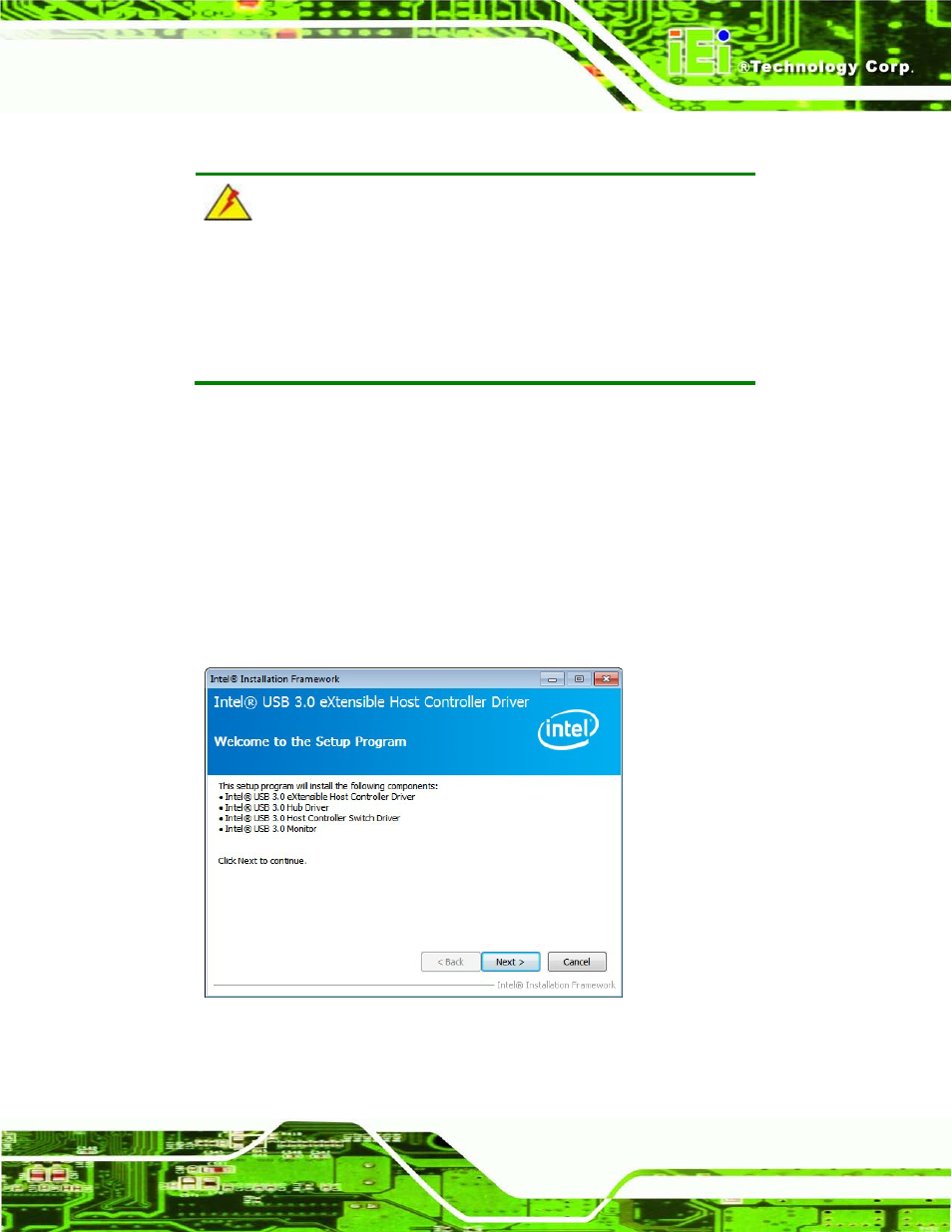 8 usb 3.0 driver installation, River, Nstallation | Figure 6-27: usb 3.0 driver welcome screen, 8 us b 3.0 drive r in s ta lla tio n | IEI Integration IMB-Q770 User Manual | Page 151 / 212
