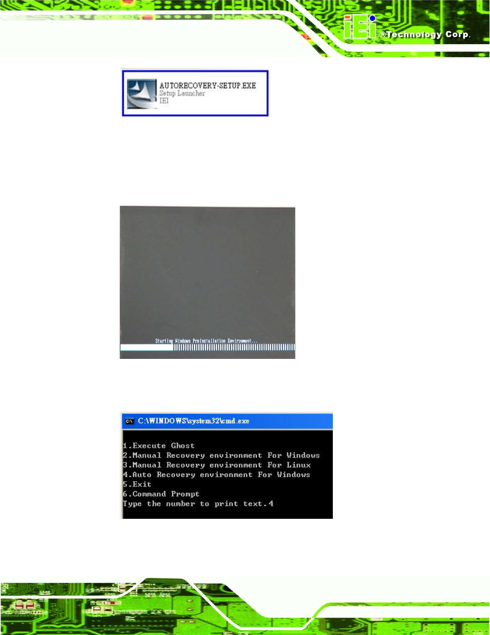 Figure b-22: auto recovery utility, Figure b-23: launching the recovery tool, Figure b-24: auto recovery environment for windows | IEI Integration IMB-Q770 User Manual | Page 179 / 212
