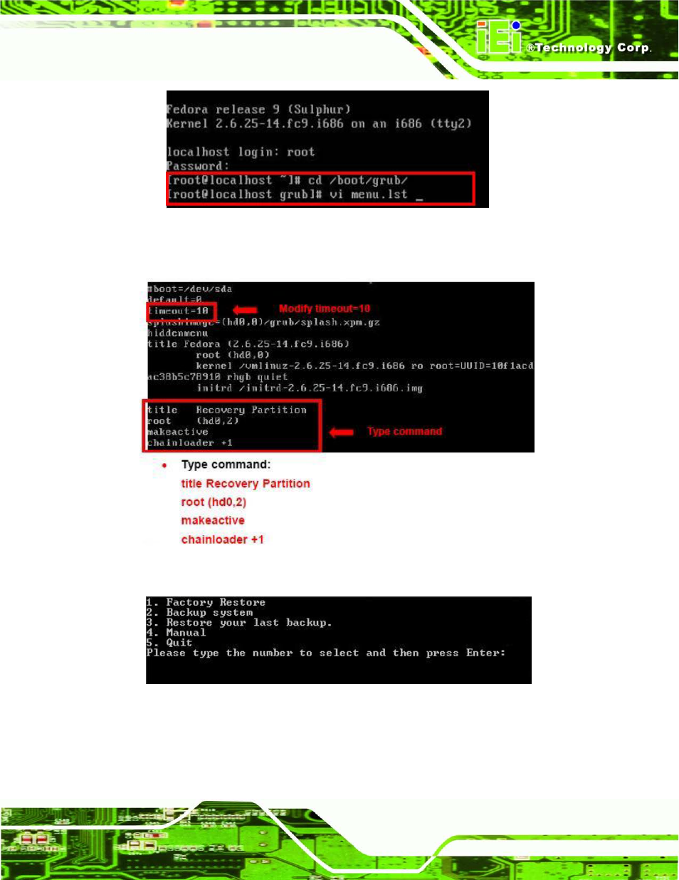 Figure b-31: access menu.lst in linux (text mode), Figure b-32: recovery tool menu | IEI Integration IMB-Q770 User Manual | Page 185 / 212