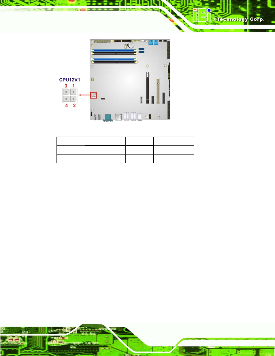 4 ddr3 dimm slots, Figure 3-4: cpu power connector location, Table 3-4: cpu power connector pinouts | 4 ddr3 dimm s lo ts | IEI Integration IMB-Q770 User Manual | Page 37 / 212