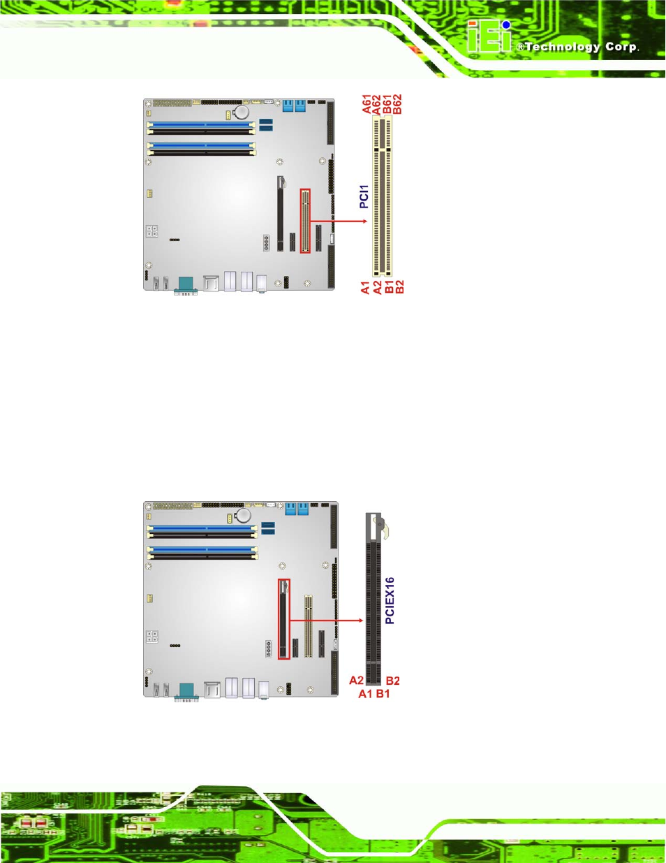 17 pcie x16 slot, Figure 3-17: pci slot locations, Figure 3-18: pcie x16 slot location | IEI Integration IMB-Q770 User Manual | Page 49 / 212