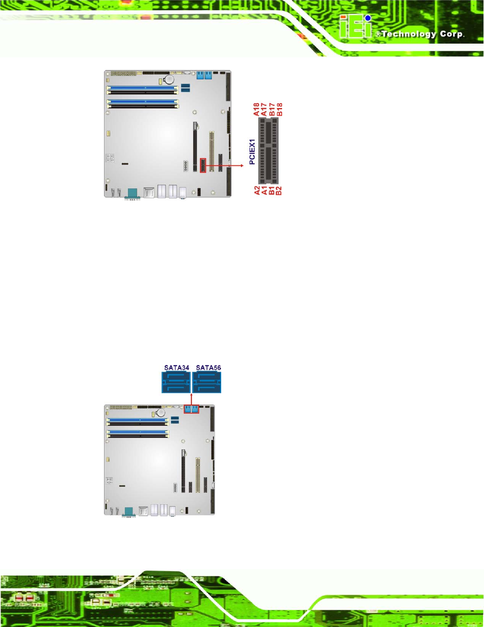 20 sata 3gb/s drive connectors, Figure 3-20: pcie x1 slot locations, Figure 3-21: sata 3gb/s drive connector location | IEI Integration IMB-Q770 User Manual | Page 51 / 212