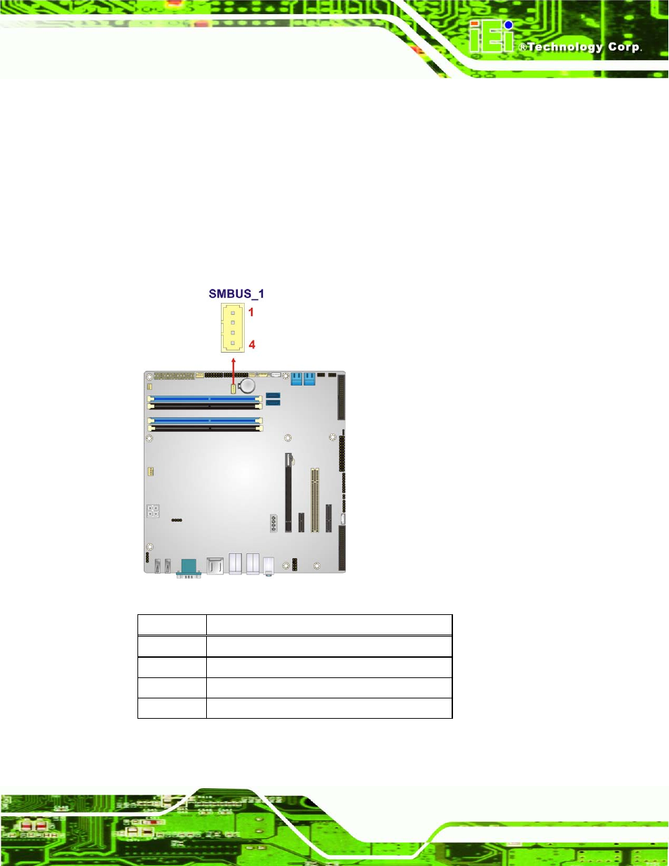 24 smbus connector, Figure 3-25: smbus connector location, Table 3-19: smbus connector pinouts | IEI Integration IMB-Q770 User Manual | Page 55 / 212
