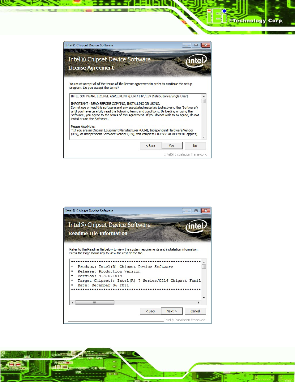 Figure 6-4: chipset driver license agreement, Figure 6-5: chipset driver read me file | IEI Integration IMB-C2160 User Manual | Page 130 / 205