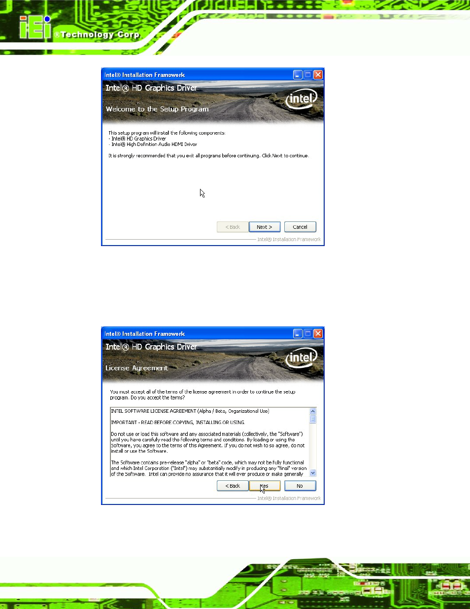 Figure 6-8: graphics driver welcome screen, Figure 6-9: graphics driver license agreement | IEI Integration IMB-C2160 User Manual | Page 133 / 205