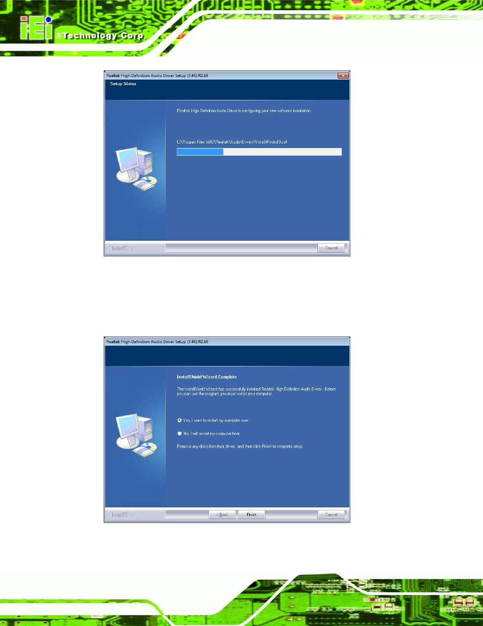 Figure 6-20: audio driver software configuration, Figure 6-21: restart the computer | IEI Integration IMB-C2160 User Manual | Page 141 / 205