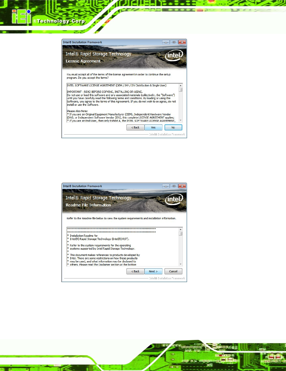 Figure 6-23: sata raid driver license agreement, Figure 6-24: sata raid driver read me file | IEI Integration IMB-C2160 User Manual | Page 143 / 205