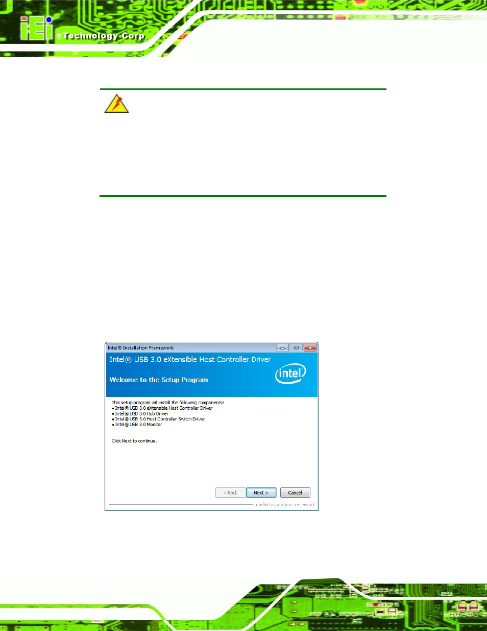 8 usb 3.0 driver installation, River, Nstallation | Figure 6-27: usb 3.0 driver welcome screen, 8 us b 3.0 drive r in s ta lla tio n | IEI Integration IMB-C2160 User Manual | Page 145 / 205