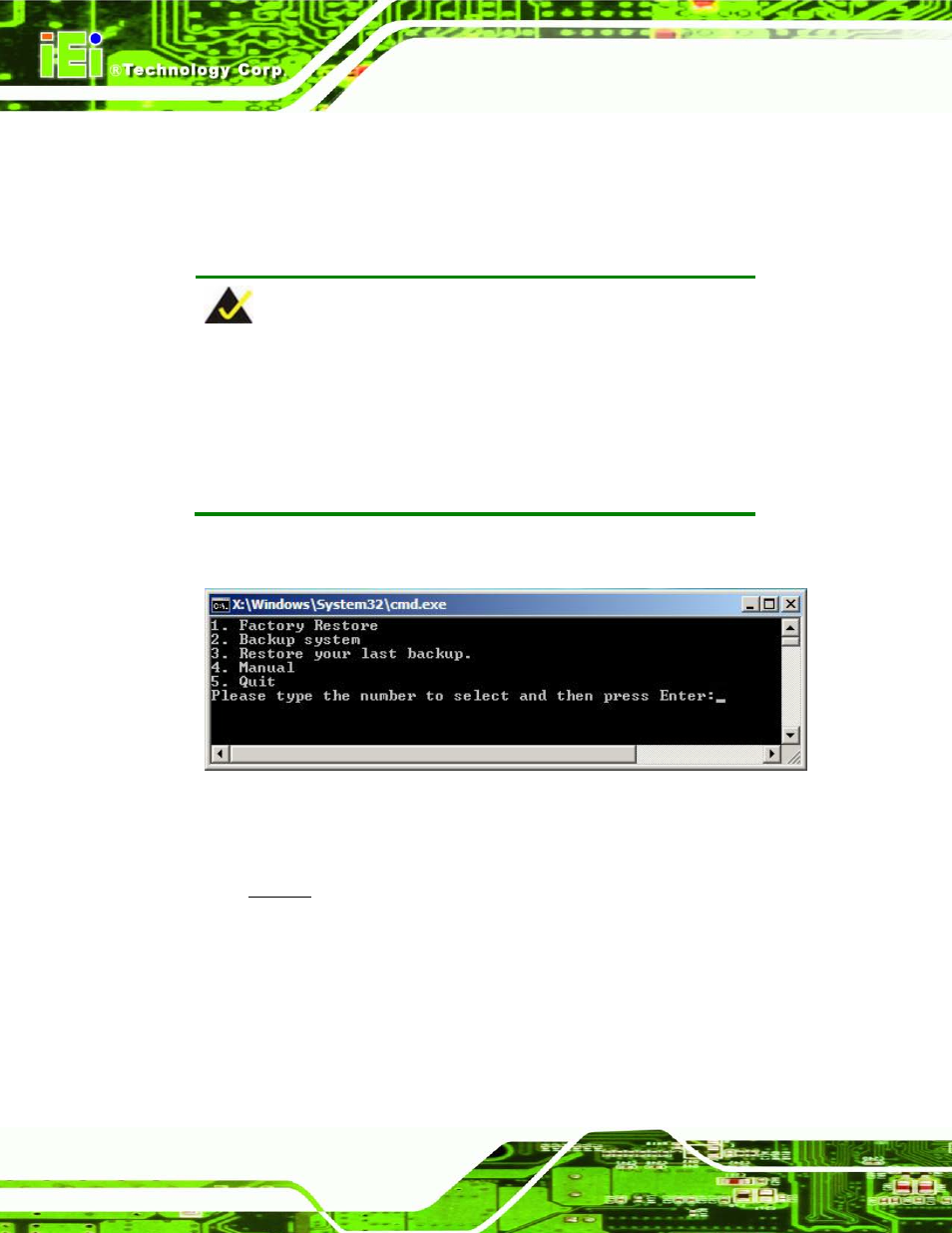 B.1 one key recovery introduction, Ecovery, Ntroduction | Figure b-1: iei one key recovery tool menu | IEI Integration IMB-C2160 User Manual | Page 155 / 205