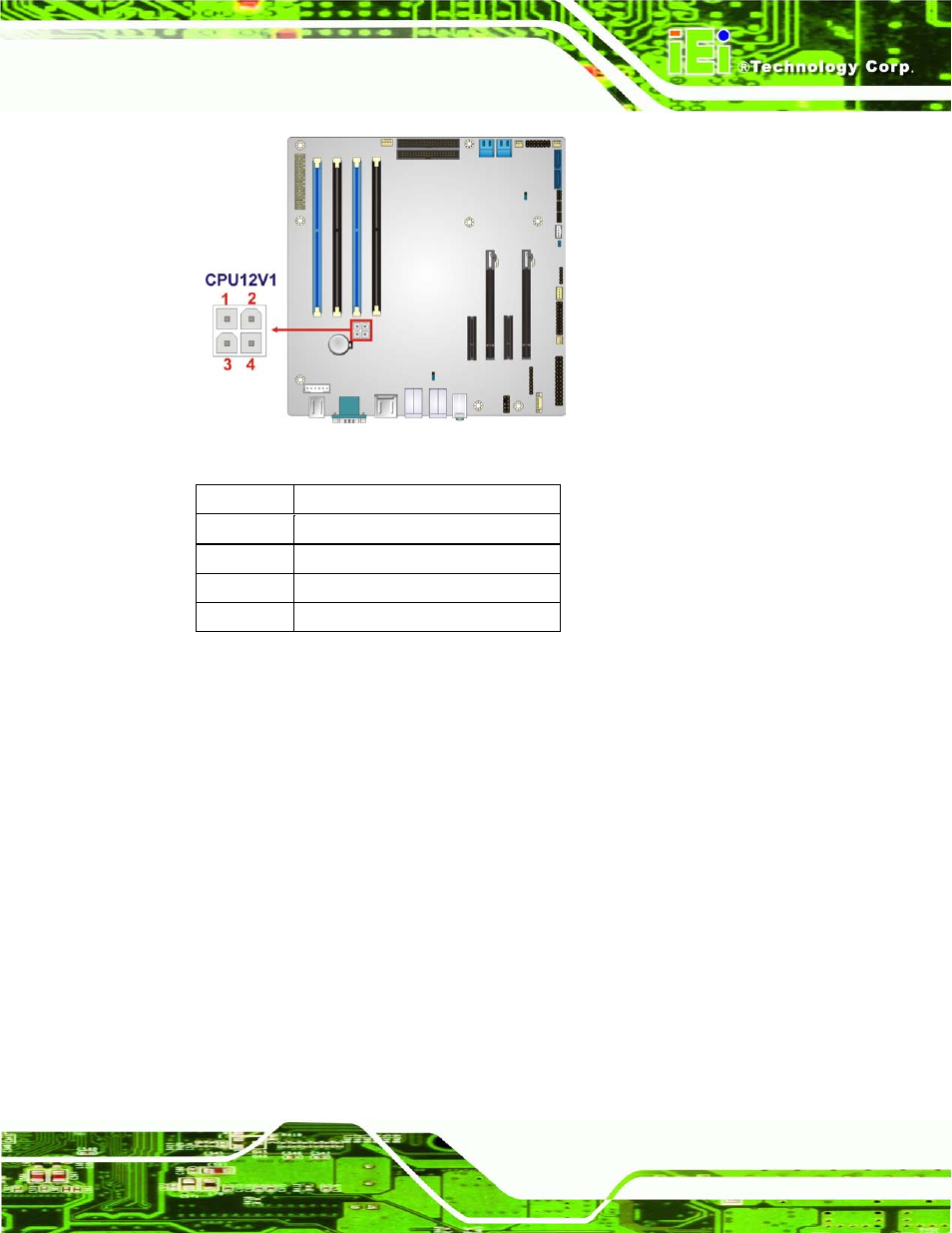 5 ddr3 dimm slots, Figure 3-5: cpu power connector location, Table 3-5: cpu power connector pinouts | 5 ddr3 dimm s lo ts | IEI Integration IMB-C2160 User Manual | Page 36 / 205