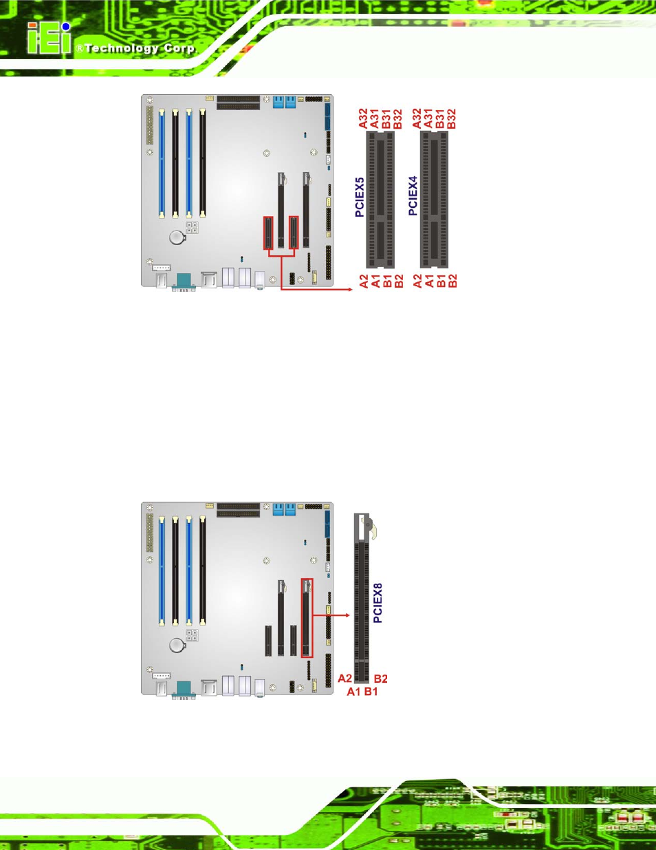 14 pcie x8 slot, Figure 3-14: pcie x4 slot locations, Figure 3-15: pcie x8 slot location | IEI Integration IMB-C2160 User Manual | Page 45 / 205