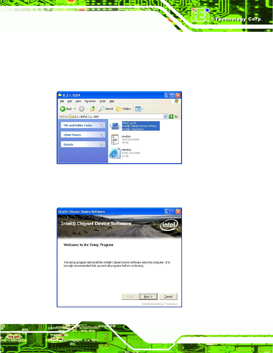 3 chipset driver installation, Hipset, River | Nstallation, Figure 7-3: chipset driver installation program | IEI Integration IMBA-9454 v4.02 User Manual | Page 165 / 205