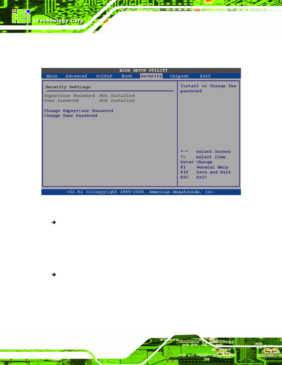 6 security, Ecurity, Bios menu 25: security | IEI Integration IMBA-XQ354 v1.10 User Manual | Page 162 / 245