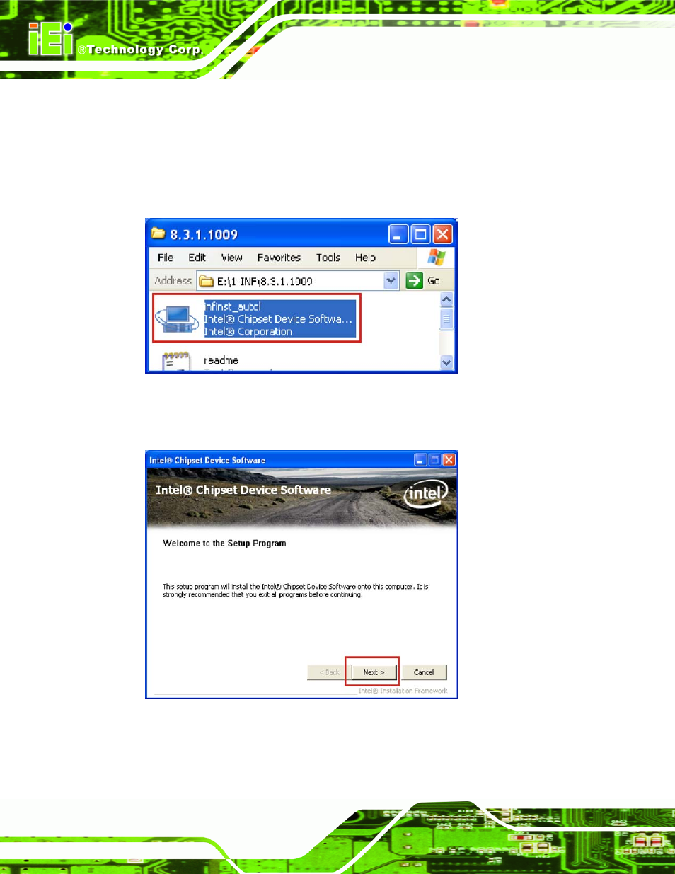 3 chipset driver, Hipset, River | Figure 7-3: intel® chipset driver directory, Figure 7-4: intel® setup welcome screen | IEI Integration IMBA-XQ354 v1.10 User Manual | Page 172 / 245
