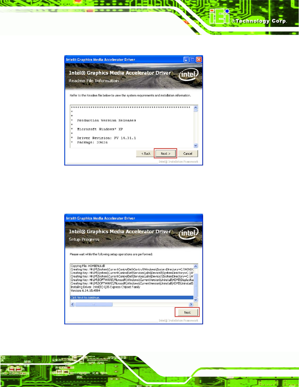 Figure 7-12: gma driver installing notice, Figure 7-13: gma driver installation complete | IEI Integration IMBA-XQ354 v1.10 User Manual | Page 177 / 245