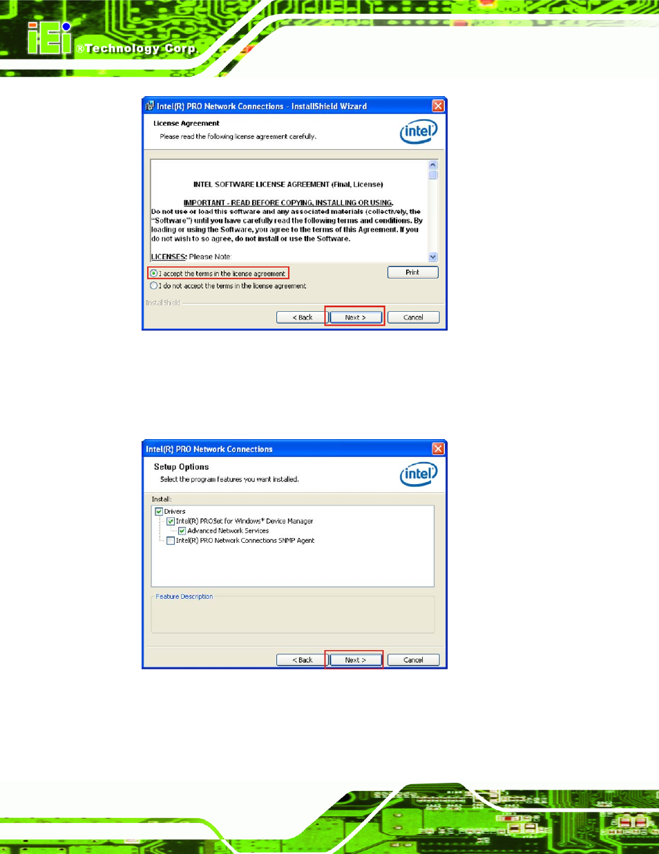 Figure 7-17: lan driver license agreement, Figure 7-18: lan driver setup options | IEI Integration IMBA-XQ354 v1.10 User Manual | Page 180 / 245