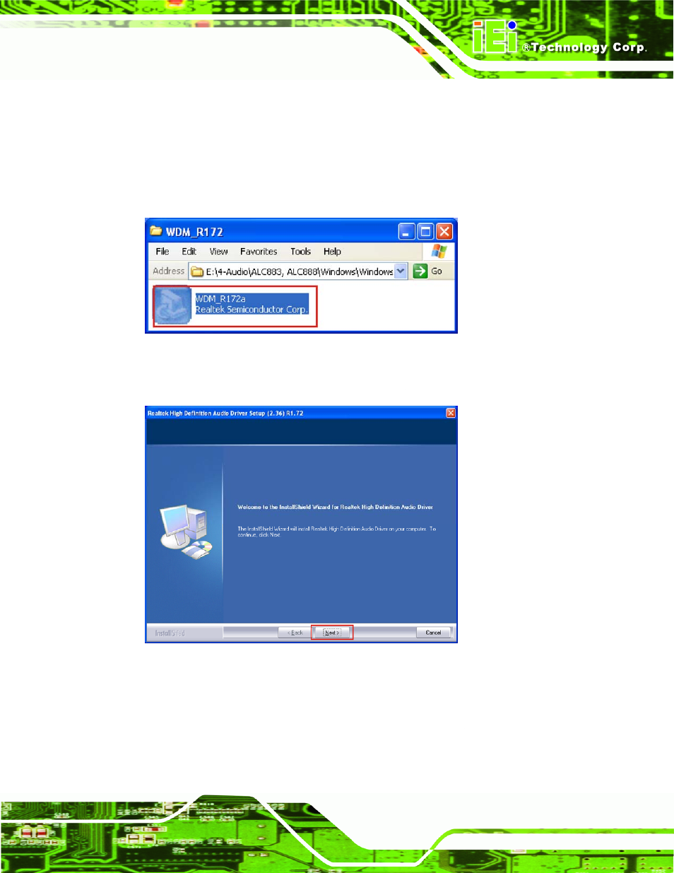 2 driver installation, Figure 7-21: audio setup file, Figure 7-22: installshield wizard welcome screen | IEI Integration IMBA-XQ354 v1.10 User Manual | Page 183 / 245