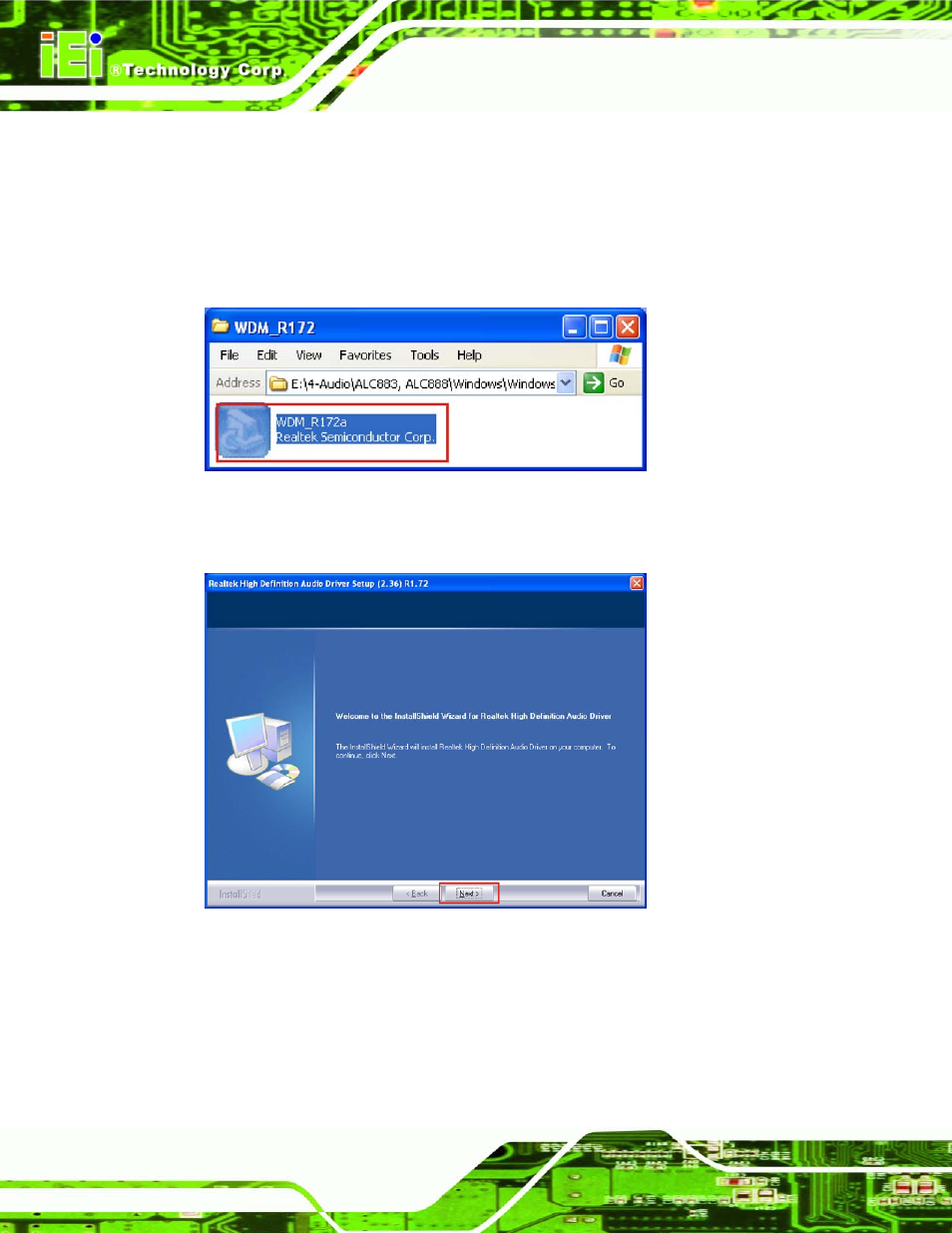 2 driver installation, Figure 6-21: audio setup file, Figure 6-22: installshield wizard welcome screen | IEI Integration IMBA-Q454 v1.00 User Manual | Page 154 / 213