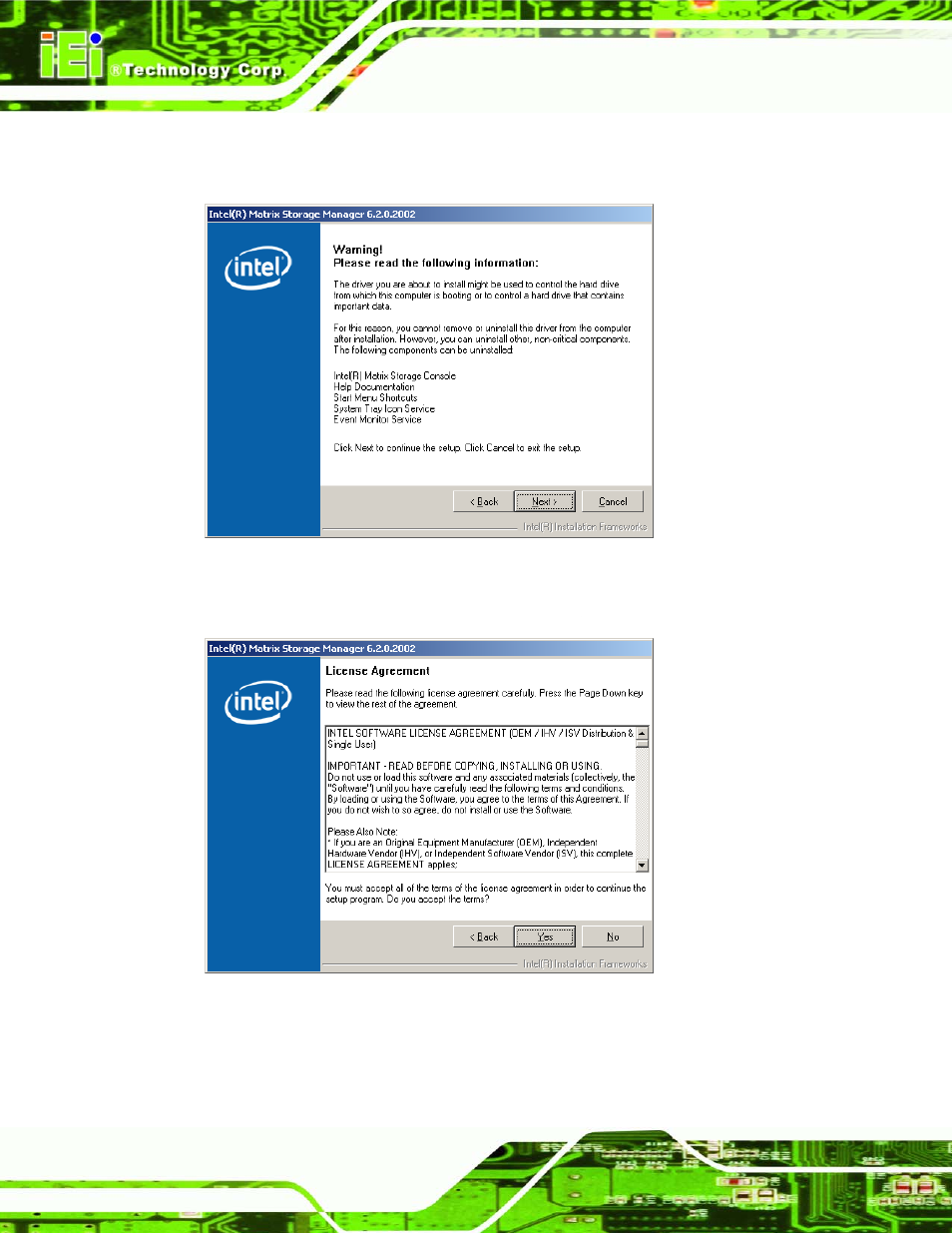Figure 6-28: matrix storage manager warning screen | IEI Integration IMBA-Q454 v1.00 User Manual | Page 158 / 213